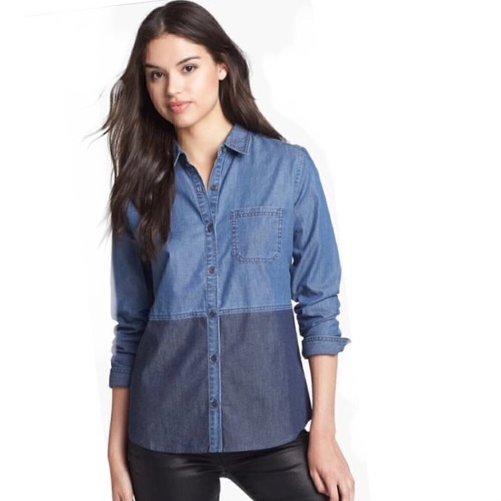 Halogen Blue Color Block Chambray Denim Button Down Top‎ S